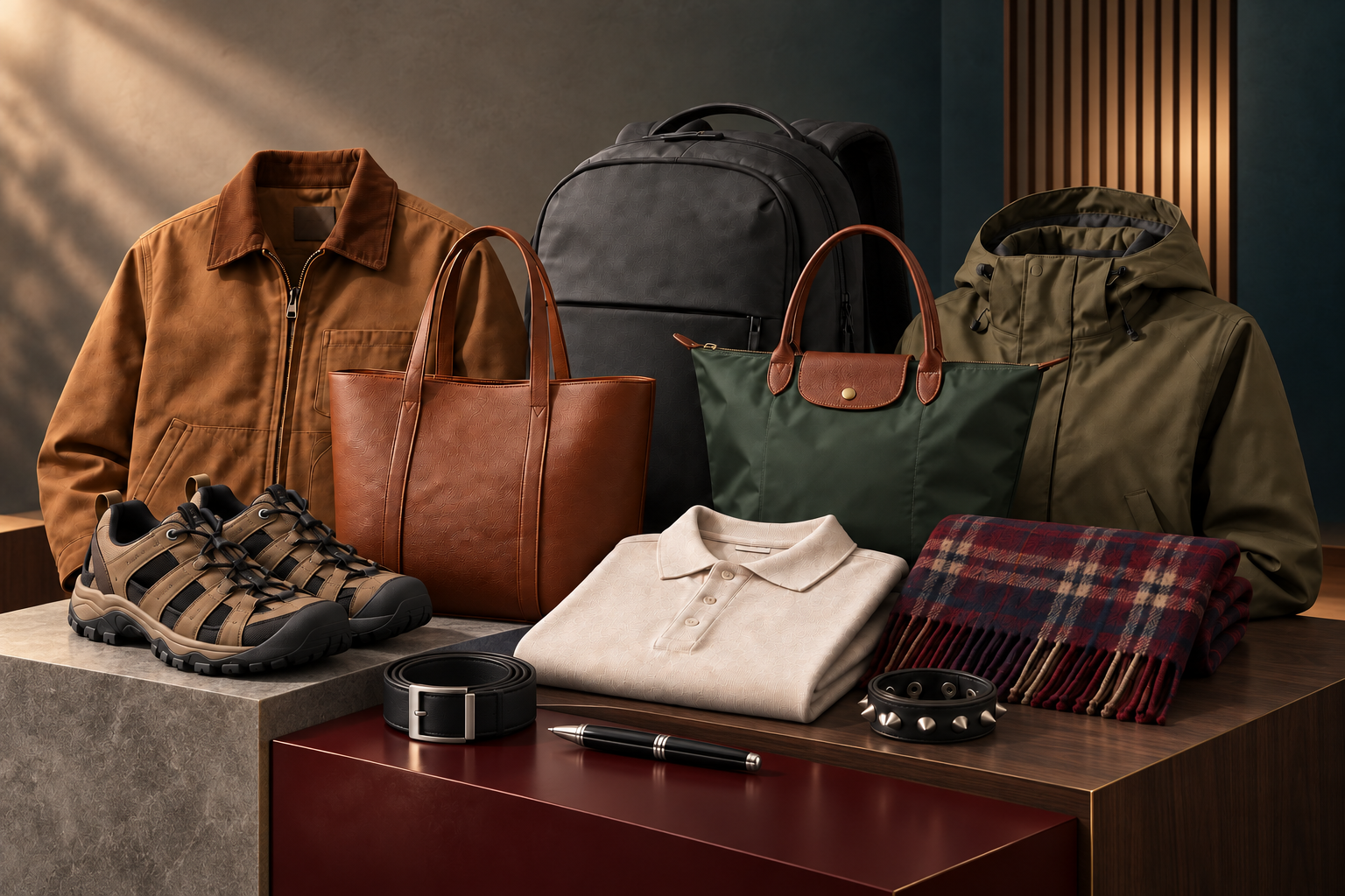 Illustrative arrangement of footwear, a backpack, leather goods and apparel
